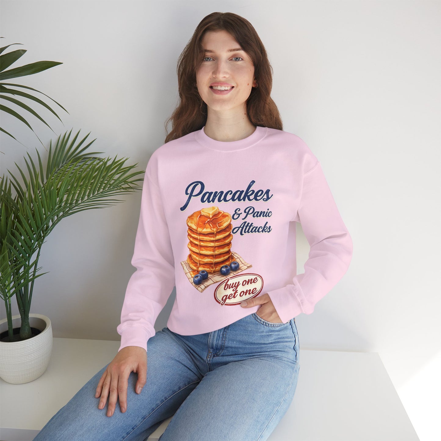 Pancakes & Panic Attacks Sweatshirt — Retro Stack Breakfast Graphic Crewneck