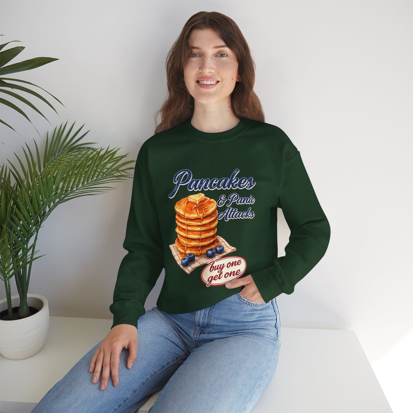 Pancakes & Panic Attacks Sweatshirt — Retro Stack Breakfast Graphic Crewneck