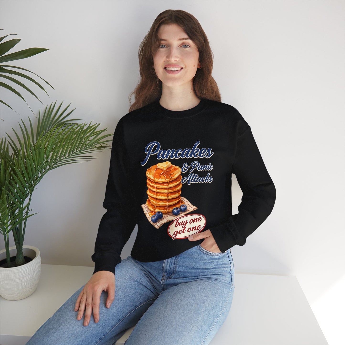 Pancakes & Panic Attacks Sweatshirt — Retro Stack Breakfast Graphic Crewneck