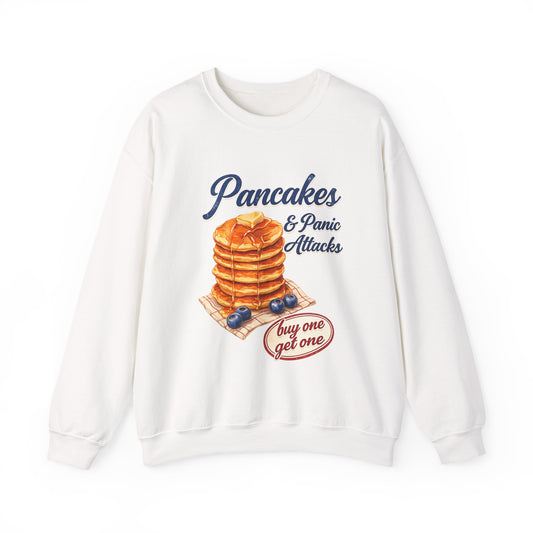 Pancakes & Panic Attacks Sweatshirt — Retro Stack Breakfast Graphic Crewneck