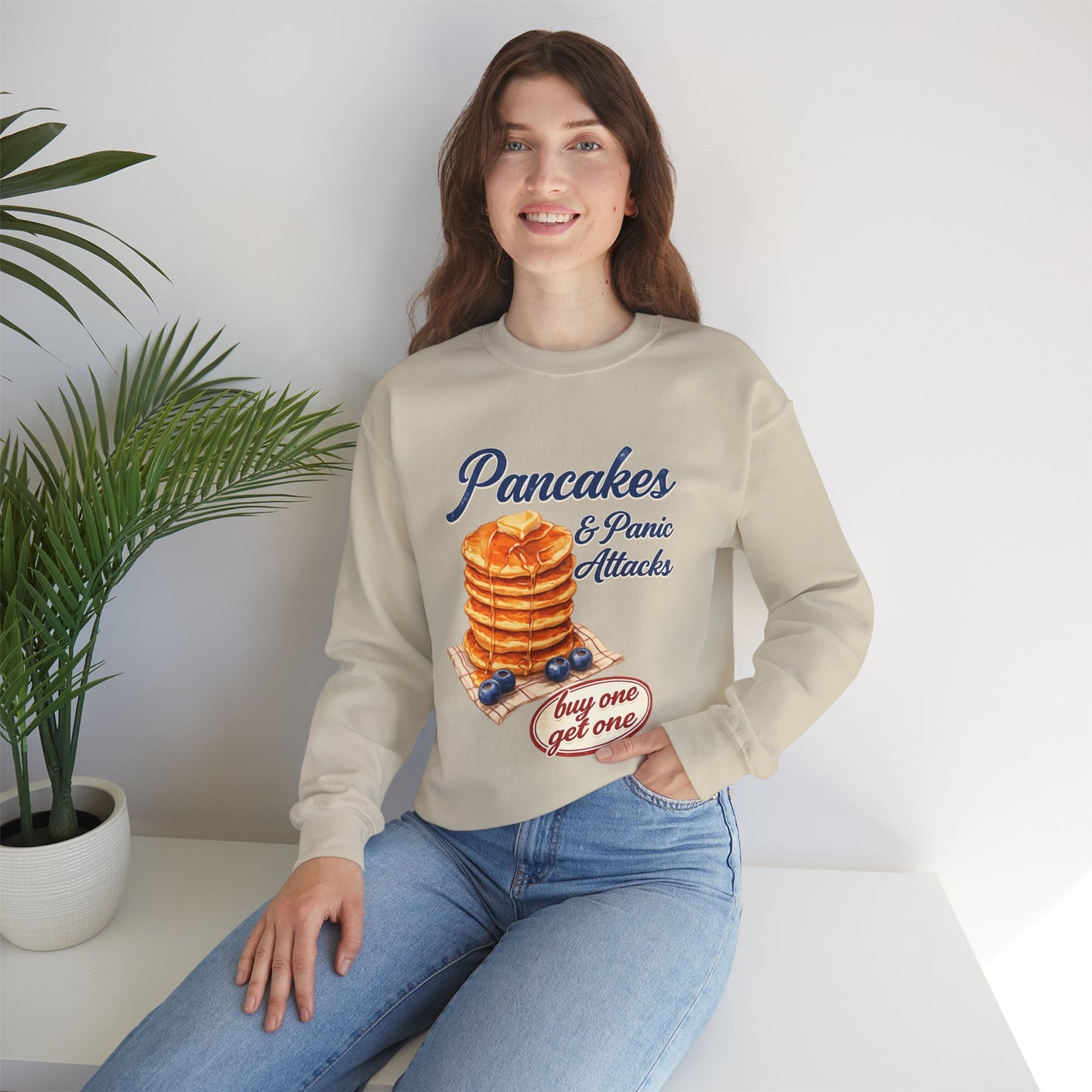 Pancakes & Panic Attacks Sweatshirt — Retro Stack Breakfast Graphic Crewneck