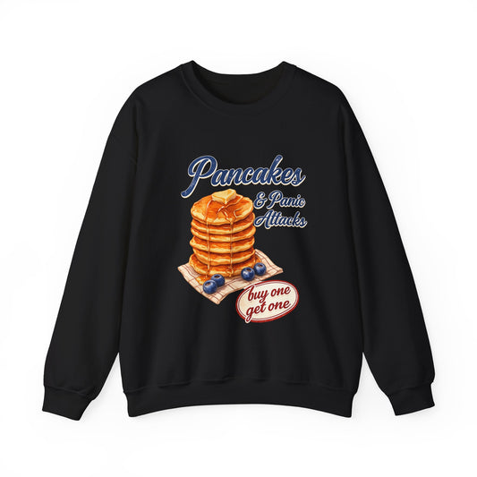 Pancakes & Panic Attacks Sweatshirt — Retro Stack Breakfast Graphic Crewneck