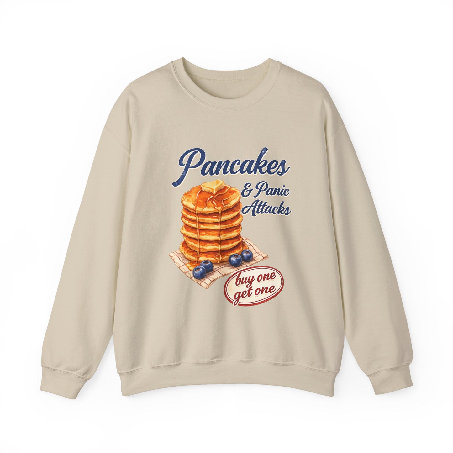 Pancakes & Panic Attacks Sweatshirt — Retro Stack Breakfast Graphic Crewneck