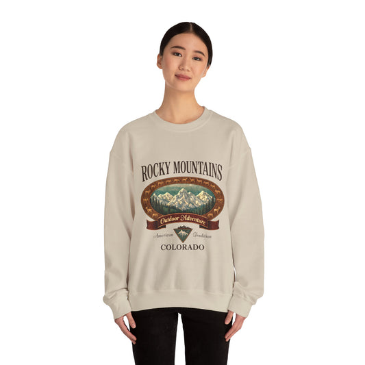 Rocky Mountains Colorado Crewneck Sweatshirt — Outdoor Adventure Vintage Design